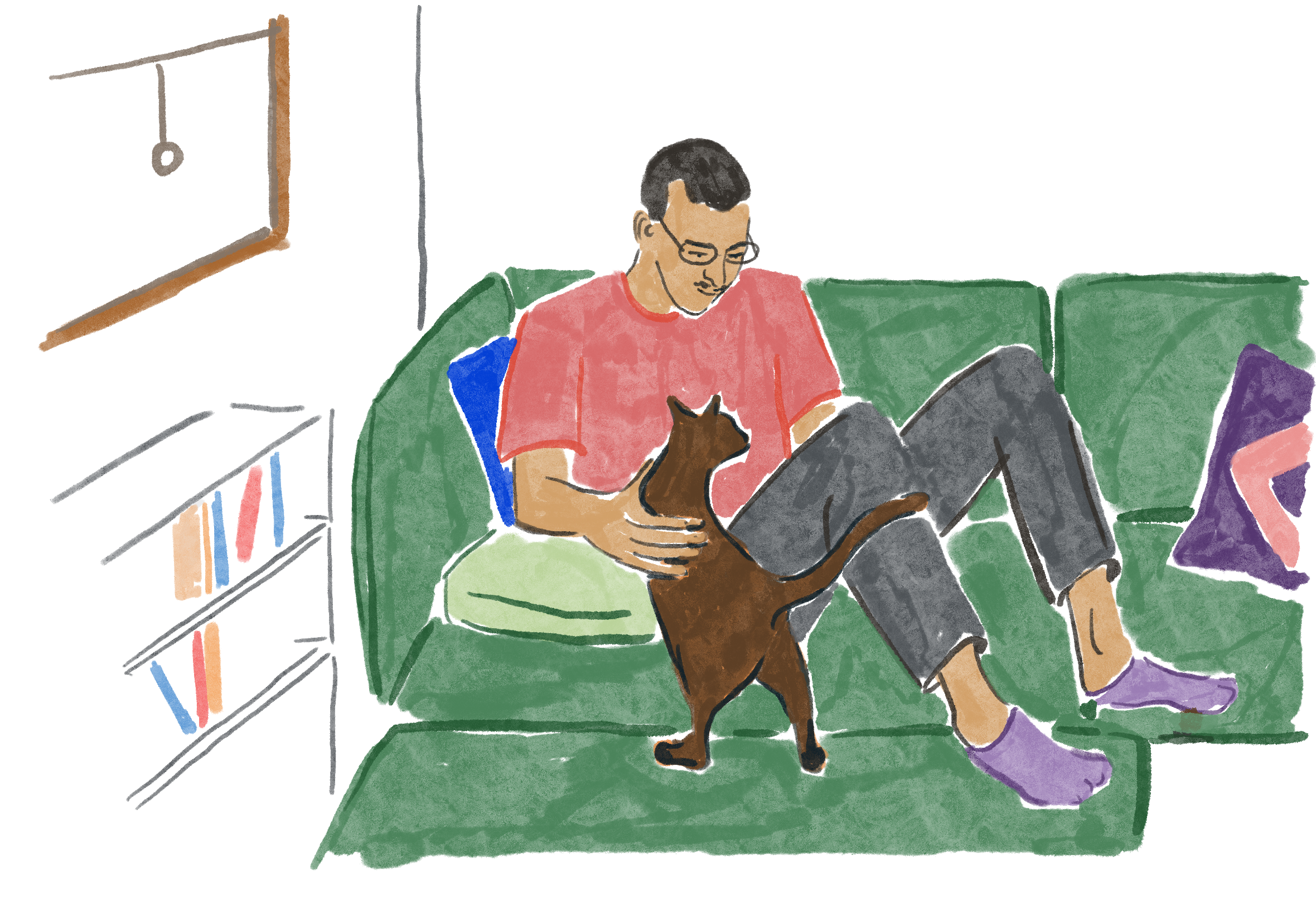 Guy on couch petting their cat